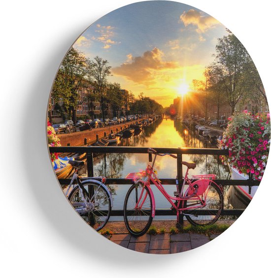 Artaza Houten Muurcirkel - Amsterdamse Brug Met Zonsopgang - Ø 40 cm - Klein - Multiplex Wandcirkel - Rond Schilderij