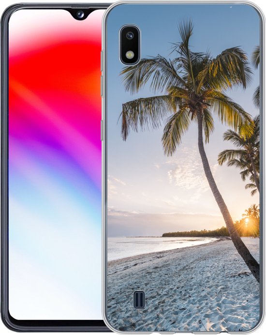 Telefoonhoesje Geschikt voor Samsung Galaxy A10 hoesje - Strand - Zonsondergang - Palmboom - Siliconen Telefoonhoesje Telefoonhoesje