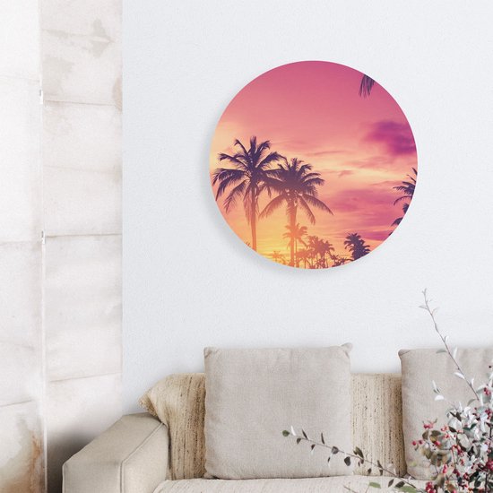 Artaza Dibond Muurcirkel Tropische Palmbomen Met Zonsondergang - Ø 60 cm - Wandcirkel - Rond Schilderij - Voor Binnen en Buiten