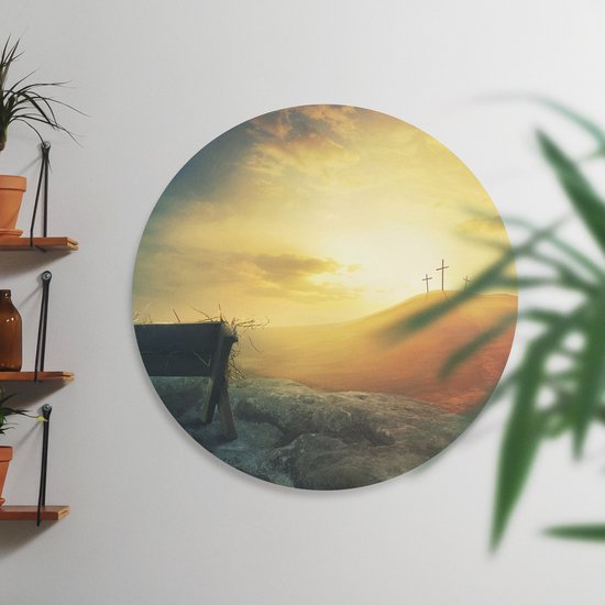 Artaza Dibond Muurcirkel Kribbe en Drie Kruisen  - Ø 60 cm - Wandcirkel - Rond Schilderij - Voor Binnen en Buiten