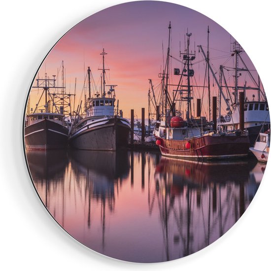 Artaza Dibond Muurcirkel Schepen in de Haven - Boten - Ø 60 cm - Wandcirkel - Rond Schilderij - Voor Binnen en Buiten