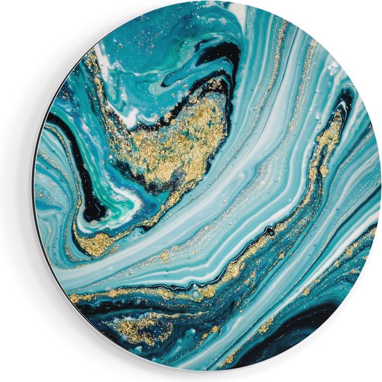 Artaza Dibond Muurcirkel Abstracte Luxe Kunst in het Blauw met Goud - Ø 70 cm - Wandcirkel - Rond Schilderij - Voor Binnen en Buiten