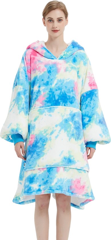 JAXY Hoodie Deken - Snuggie - Snuggle Hoodie - Fleece Deken Met Mouwen - 1450 gram - Hoodie Blanket - Kersttrui - Kerstcadeau - Tie-Dye Cyan