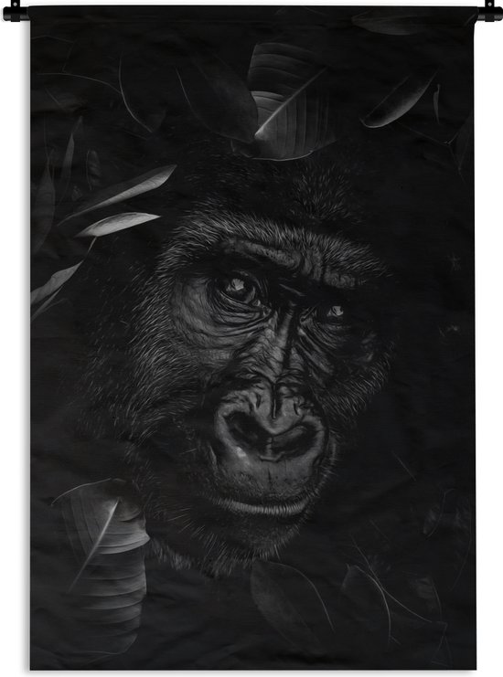 Wandkleed - Wanddoek - Botanische aap tegen donkere achtergrond - zwart wit - 90x135 cm - Wandtapijt