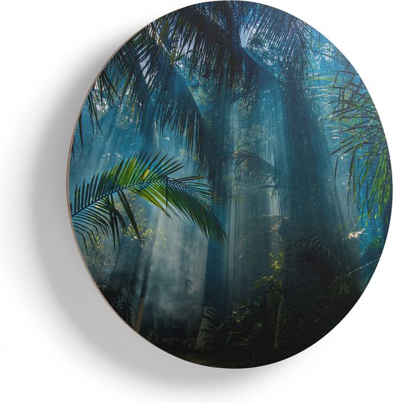 Artaza Houten Muurcirkel - Dichtbegroeide Jungle Met Zonnestralen  - Ø 75 cm - Multiplex Wandcirkel - Rond Schilderij