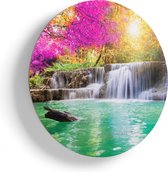 Artaza Houten Muurcirkel - Waterval Met Groen Water En Roze Bladeren - Ø 80 cm - Groot - Multiplex Wandcirkel - Rond Schilderij