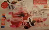 Theepot met glazen filter en 2x kop en schotel