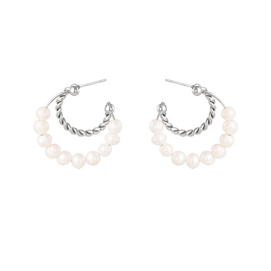 Yehwang - Pearl earrings double row - silver - zilver - parels - oorbellen - stainless steel