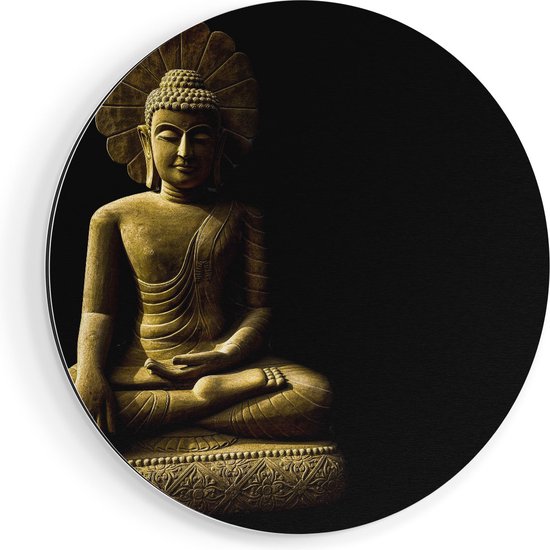 Artaza Dibond Muurcirkel Gouden Boeddha Beeld In Meditatie  - Ø 50 cm - Klein - Wandcirkel - Rond Schilderij - Voor Binnen en Buiten