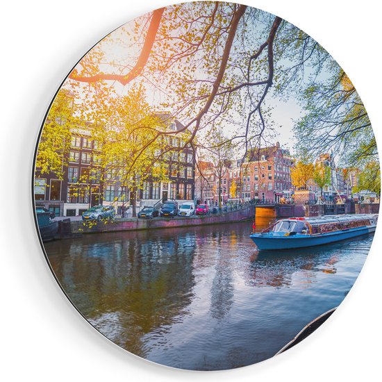 Artaza Dibond Muurcirkel Amsterdamse Gracht Tijdens Het Voorjaar - Ø 50 cm - Klein - Wandcirkel - Rond Schilderij - Voor Binnen en Buiten