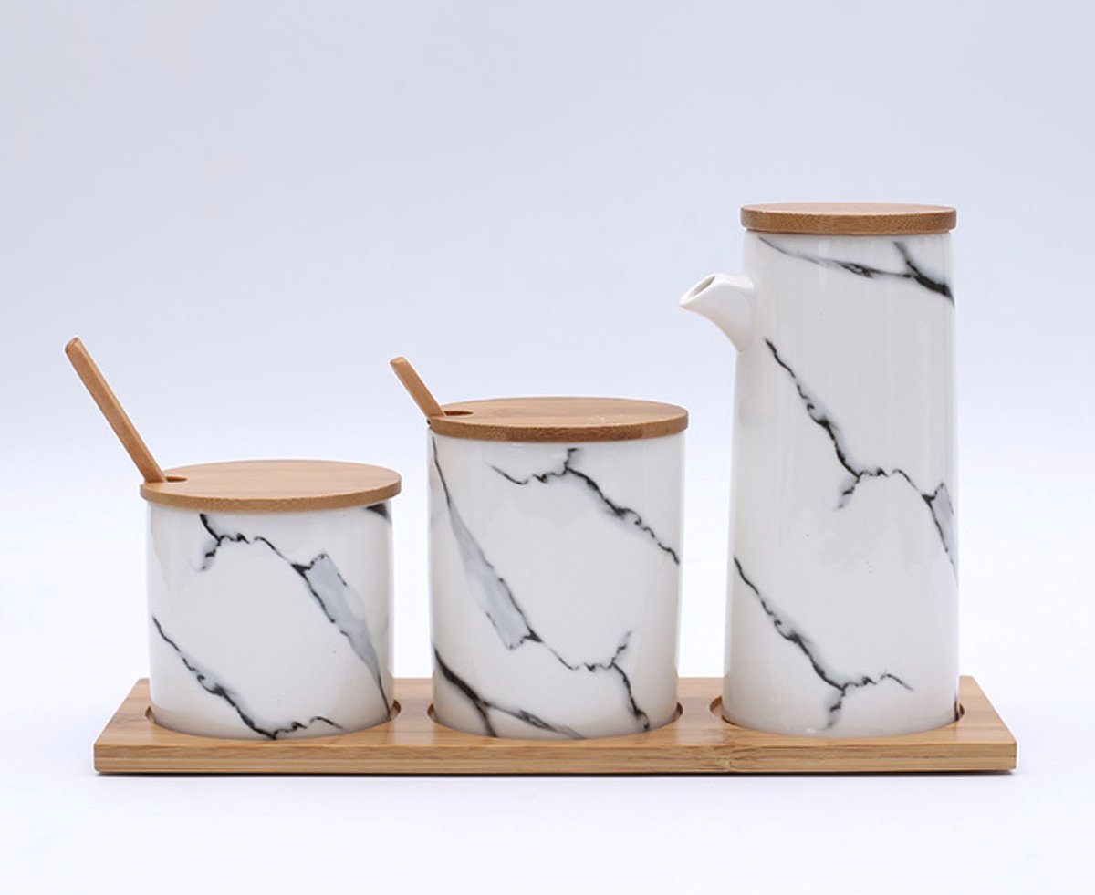 Yuya Living - Kruidenpotjes Set van 3 - Luxe Marmeren - Met Bamboe Deksel Tray