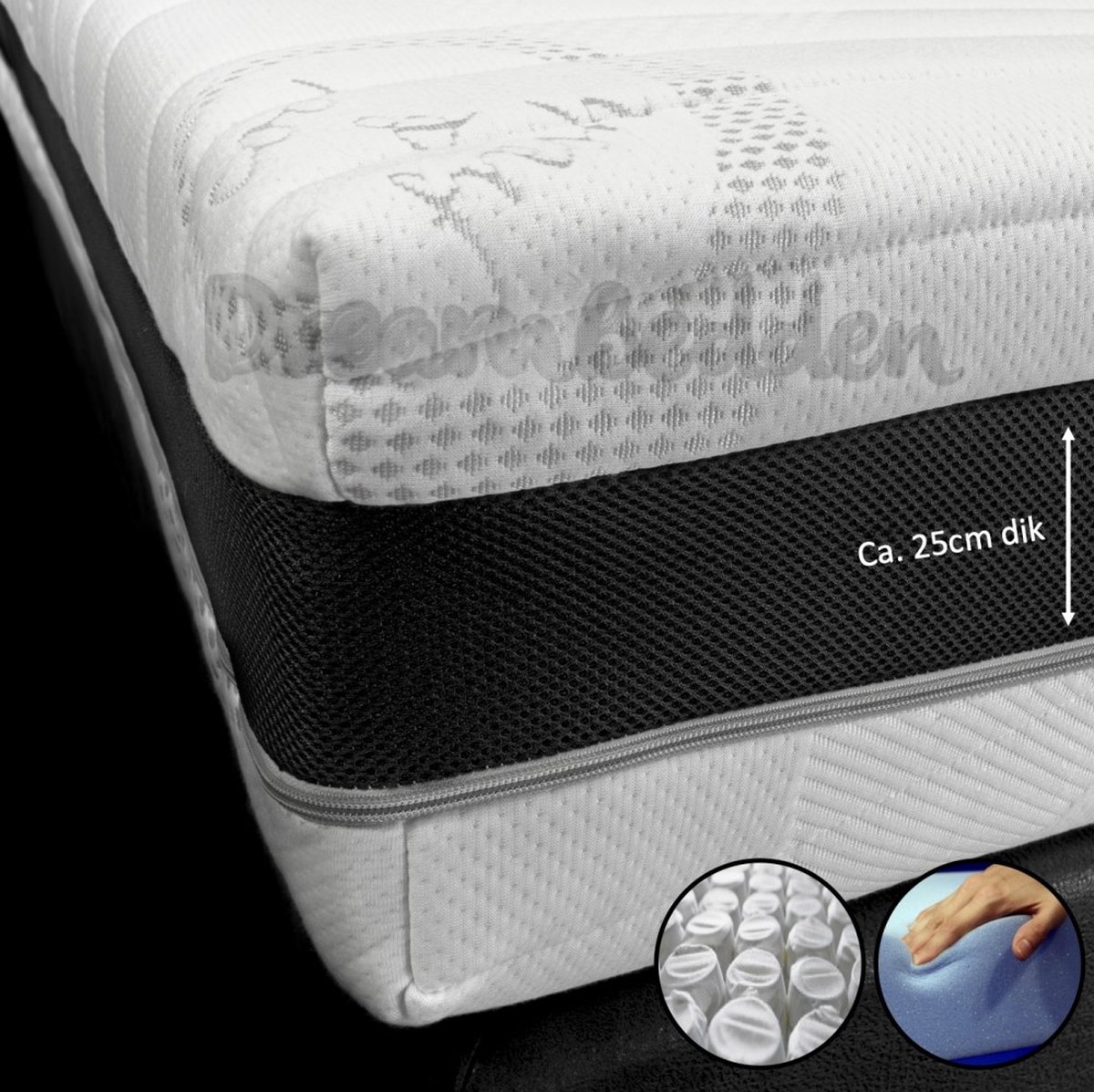 dreambedden Hilton Hotel Matras - 120x210 - HR50 Koudschuim - 9-zones Micropocketvering - 3D Border - Cool & Fresh - ca. 25cm dik wit