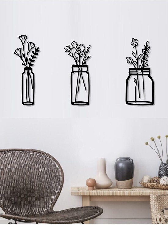 3 stuks vaas deco muurdecoratie – Wanddecoratie – Zwart – Houten art – Muurdecoratie – Line art – Wall art – Wandborden – Bohemian