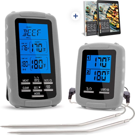 Vleesthermometer Digitaal & BBQ thermometer draadloos in 1 - BBQ accesoires Meater Draadloos & Digitaal - BBQ accesoires Meater Draadloos - Met Timer & Kerntermometer - Incl. E-book - FURNA®