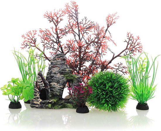 Aquarium planten set met rots – 7 decoraties inbegrepen – Aquarium decoratie  -... | bol.com