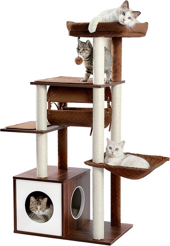 Krabpaal voor Katten - Krabton, Kattenspeelgoed, Kattenmand - Veilig, Meerdere Katten & met Speeltje - 127 cm - Bruin
