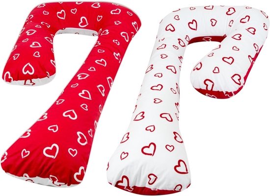 Voedingskussen - Zijslaapkussen - 235 cm - 100% katoen - rood en wit met hartjes