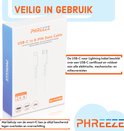 Doos van Phreeze USB-C naar 8-PIN Data Cable, witte kabel met USB-C en Lightning aansluiting, 2M, Output 2.4A, beveiligd tegen overladen en oververhitting.