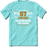 57 Jaar Legend T-Shirt | Goud - Wit | Grappig Verjaardag en Feest Cadeau Shirt | Dames - Heren - Unisex | Tshirt Kleding Kado | - Licht Blauw - XL