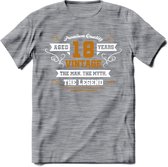 18 Jaar Legend T-Shirt | Goud - Wit | Grappig Verjaardag en Feest Cadeau Shirt | Dames - Heren - Unisex | Tshirt Kleding Kado | - Donker Grijs - Gemaleerd - S