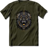 Leeuw - Dieren Mandala T-Shirt | Geel | Grappig Verjaardag Zentangle Dierenkop Cadeau Shirt | Dames - Heren - Unisex | Wildlife Tshirt Kleding Kado | - Leger Groen - S