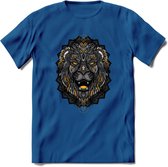 Leeuw - Dieren Mandala T-Shirt | Geel | Grappig Verjaardag Zentangle Dierenkop Cadeau Shirt | Dames - Heren - Unisex | Wildlife Tshirt Kleding Kado | - Donker Blauw - S
