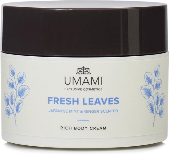 Umami Fresh Leaves Rich Body Cream pot met bruine deksel en blauwe bladeren op de verpakking.
