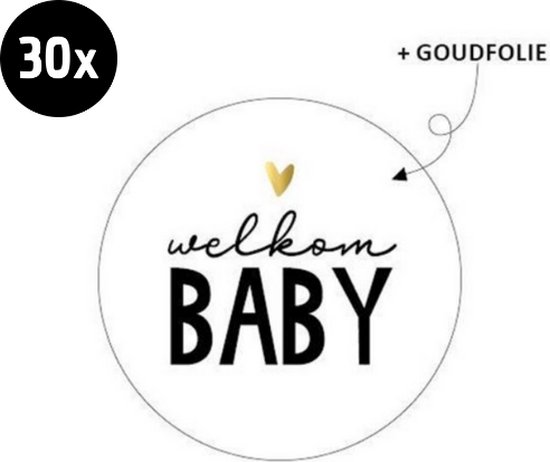 30x Sluitsticker Welkom Baby | Wit | Goudfolie hartje | 40 mm | Geboorte Sticker | Sluitzegel | Sticker Geboortekaart | Baby nieuws | Zwangerschap |Luxe Sluitzegel