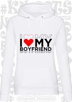 I LOVE MY BOYFRIEND dames hoodie - Wit - Maat L - lange mouwen - Met capuchon en steekzakken - leuke hoodies - quotes - kwoots - Valentine - Valentijnsdag