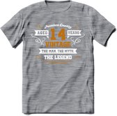 14 Jaar Legend T-Shirt | Goud - Wit | Grappig Verjaardag en Feest Cadeau Shirt | Dames - Heren - Unisex | Tshirt Kleding Kado | - Donker Grijs - Gemaleerd - S