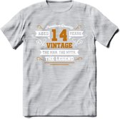 14 Jaar Legend T-Shirt | Goud - Wit | Grappig Verjaardag en Feest Cadeau Shirt | Dames - Heren - Unisex | Tshirt Kleding Kado | - Licht Grijs - Gemaleerd - M