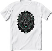 Leeuw - Dieren Mandala T-Shirt | Aqua | Grappig Verjaardag Zentangle Dierenkop Cadeau Shirt | Dames - Heren - Unisex | Wildlife Tshirt Kleding Kado | - Wit - XXL