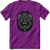 Leeuw - Dieren Mandala T-Shirt | Aqua | Grappig Verjaardag Zentangle Dierenkop Cadeau Shirt | Dames - Heren - Unisex | Wildlife Tshirt Kleding Kado | - Paars - L