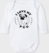 Baby Rompertje met tekst 'Pug' | Lange mouw l | wit zwart | maat 62/68 | cadeau | Kraamcadeau | Kraamkado