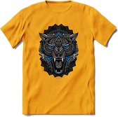 Wolf - Dieren Mandala T-Shirt | Blauw | Grappig Verjaardag Zentangle Dierenkop Cadeau Shirt | Dames - Heren - Unisex | Wildlife Tshirt Kleding Kado | - Geel - M
