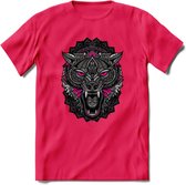 Wolf - Dieren Mandala T-Shirt | Roze | Grappig Verjaardag Zentangle Dierenkop Cadeau Shirt | Dames - Heren - Unisex | Wildlife Tshirt Kleding Kado | - Roze - XXL