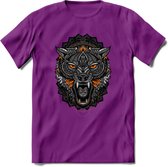 Wolf - Dieren Mandala T-Shirt | Oranje | Grappig Verjaardag Zentangle Dierenkop Cadeau Shirt | Dames - Heren - Unisex | Wildlife Tshirt Kleding Kado | - Paars - M