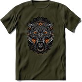 Wolf - Dieren Mandala T-Shirt | Oranje | Grappig Verjaardag Zentangle Dierenkop Cadeau Shirt | Dames - Heren - Unisex | Wildlife Tshirt Kleding Kado | - Leger Groen - L
