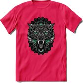 Wolf - Dieren Mandala T-Shirt | Aqua | Grappig Verjaardag Zentangle Dierenkop Cadeau Shirt | Dames - Heren - Unisex | Wildlife Tshirt Kleding Kado | - Roze - XXL