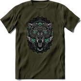 Wolf - Dieren Mandala T-Shirt | Aqua | Grappig Verjaardag Zentangle Dierenkop Cadeau Shirt | Dames - Heren - Unisex | Wildlife Tshirt Kleding Kado | - Leger Groen - M