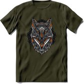 Vos - Dieren Mandala T-Shirt | Oranje | Grappig Verjaardag Zentangle Dierenkop Cadeau Shirt | Dames - Heren - Unisex | Wildlife Tshirt Kleding Kado | - Leger Groen - XXL