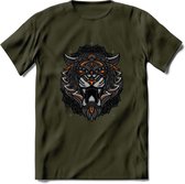Tijger - Dieren Mandala T-Shirt | Oranje | Grappig Verjaardag Zentangle Dierenkop Cadeau Shirt | Dames - Heren - Unisex | Wildlife Tshirt Kleding Kado | - Leger Groen - L