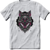 Vos - Dieren Mandala T-Shirt | Roze | Grappig Verjaardag Zentangle Dierenkop Cadeau Shirt | Dames - Heren - Unisex | Wildlife Tshirt Kleding Kado | - Licht Grijs - Gemaleerd - 3XL