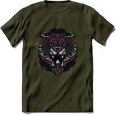 Tijger - Dieren Mandala T-Shirt | Roze | Grappig Verjaardag Zentangle Dierenkop Cadeau Shirt | Dames - Heren - Unisex | Wildlife Tshirt Kleding Kado | - Leger Groen - L