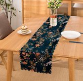 Bedrukt Velvet Textiel Tafelloper - 45x220 - Bloemen op Donkerblauw - De Groen Home