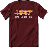 1947 Limited Edition T-Shirt | Goud - Zilver | Grappig Verjaardag en Feest Cadeau Shirt | Dames - Heren - Unisex | Tshirt Kleding Kado | - Burgundy - XL