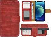 Hoesje iPhone 13 - Bookcase - Portemonnee Hoes Echt leer Wallet case Croco Rood