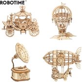 Robotime – 3D houten modelset 4 in 1 – 620 stukjes – Houten koets, luchtballon, grammofoon & luchtschip – Houten modelbouw – Bouwpakket – Voor kinderen & volwassenen – Modelbouwpak