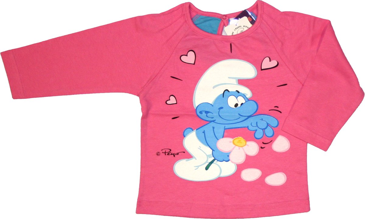 De Smurfen - Meisjes Kleding - Longsleeve - Roze - T-shirt met lange mouwen - Verliefde Smurf met Bloem - Maat 86