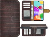 Samsung Galaxy A41 Hoesje - Bookcase - Samsung A41 Wallet Book Case Echt Leer Croco Kastanjebruin Cover